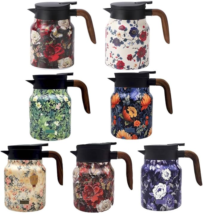 Vintage Floral Pattern Tea Pots – Built-in Infuser,Vintage Floral Teapot with Built In Infuser Stainless Steel Thermal Carafe with Lid for Hot Drinks,Pink(Wooden handle,35oz)