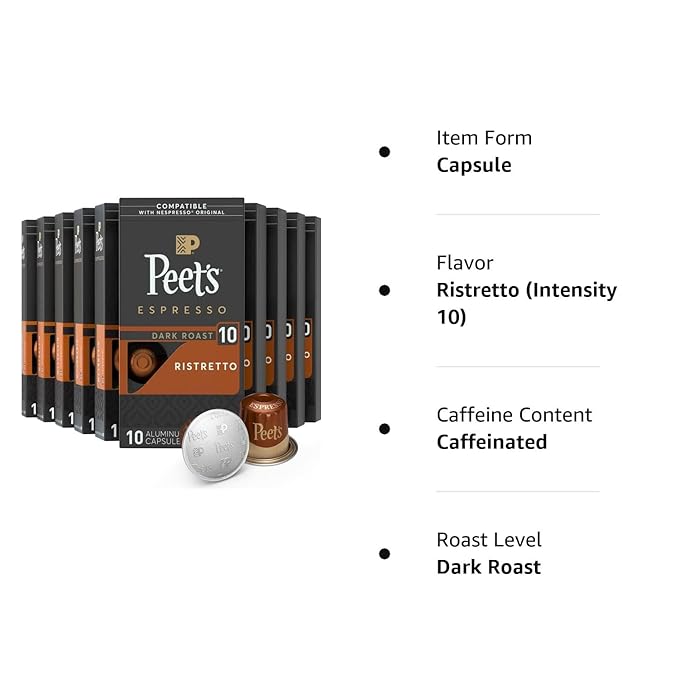 Peet's Coffee, Dark Roast Espresso Capsules, Compatible with Nespresso Original Machine - Ristretto Intensity 10, 100 Count (10 Boxes of 10 Espresso Capsules) (Pack of 2)