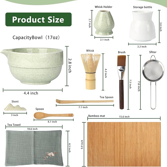 Matcha Whisk Set 11 Pcs - Japanese Matcha Kit with Bamboo Chasen, Ceramic Bowl with Spout, Scoop, Sifter, Towel - Tea Ceremony Gifts for Matcha Lovers, Christmas, Beginners, Birthday (Green)