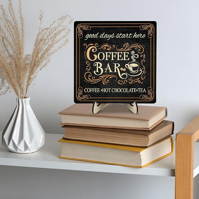 Vintage Coffee Bar Decor Sign,Rustic Wooden Plaque for Java Station, Kitchen,Cafe or Tea Corner, Funny Jave Gift for Coffee Lovers (Black, 5.9x5.9inches)