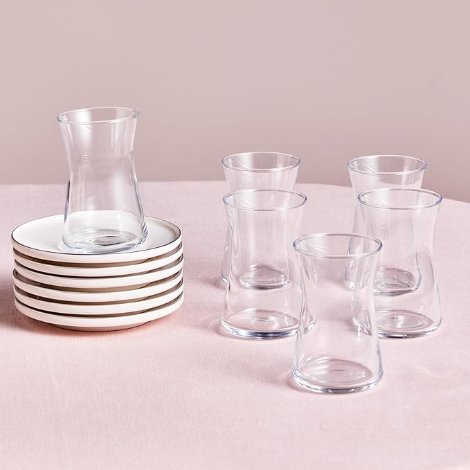 KARACA Streamline Saturn 12-Piece Turkish Tea Cups for 6 People, 5.75 fl oz Turkish Tea Glasses Set, Durable Glass with Platin Detailing & White Color Saucers
