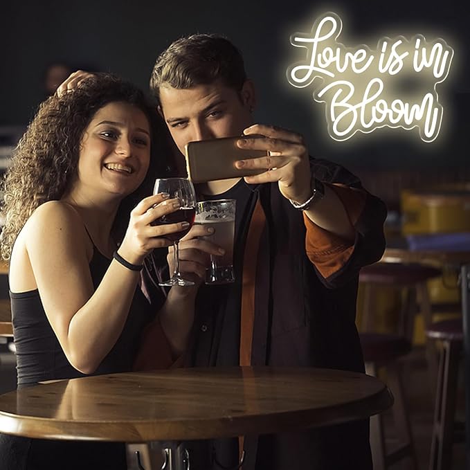 Love Is In Bloom Neon Sign Warm White Led Neon Signs for Wall Decor Dimmable Led Lights Signs Wedding Neon Light Sign for Engagement Birthday Valentines Decorations Gift