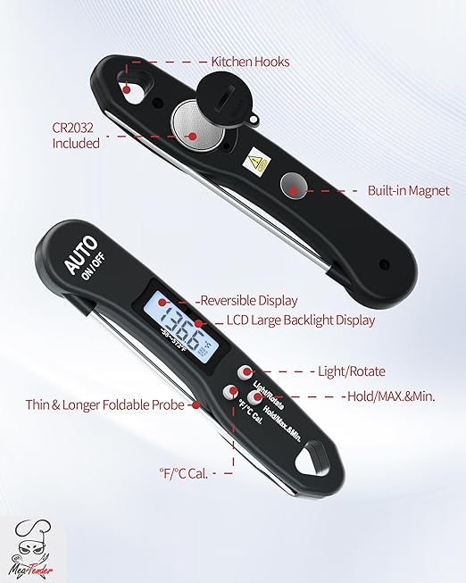 Instant Read Meat Thermometer, 1.2s Fast Read, ±1°F Accuracy, -58°F to 572°F, 4.4" Foldable Probe, 0 °C Calibration, Min/Max (Session), Auto-Rotating Backlit Display, °F/°C, Magnetic Back, Auto-Off