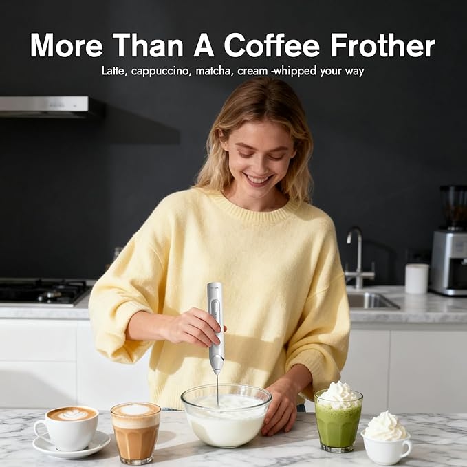 RAFOW Handheld Electric Milk Frother: Rechargeable Frother Wand with Stand, 3 Speeds & Detachable Double Whisk Drink Mixer, Froth Stirrer for Latte, Cappuccino, Cream, Matcha, Dalgona Coffee - White