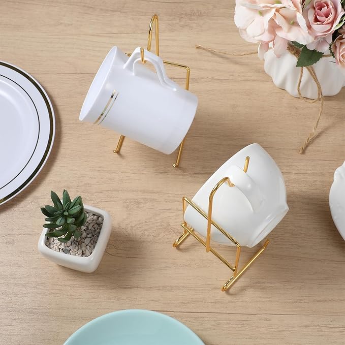 10 Pcs Tea Cup and Saucer Display Holder Metal Cup Saucer Holder Tea Coffee Mug Organizer for Plate (6.2 x 2.4 Inches, Gold)