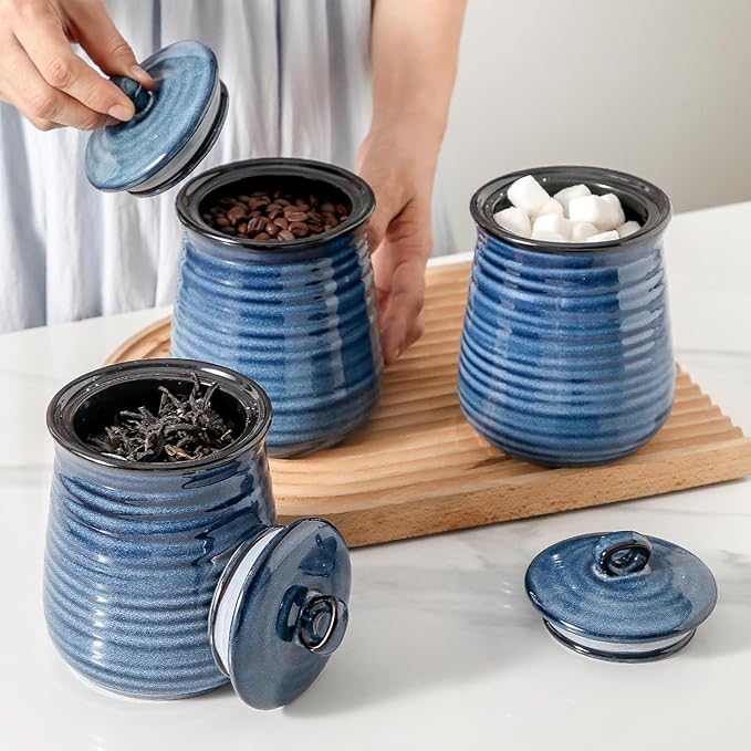 Ceramic Food Storage Jars,25 Oz Porcelain Kitchen Canisters with Airtight Lids Set of 3,Flour Containers for Countertop,Farmhouse Decor Serving Ground Coffee,Tea,Sugar,Pasta and Rice,Blue