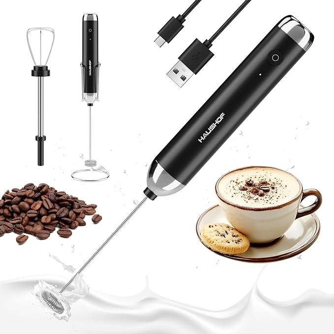 HAUSHOF Rechargeable Milk Frother with Stand, Powerful Handheld Electric Foam Maker, Drink Mixer with 2 Detachable Stainless Steel Whisks, 2-Speed for Coffee, Cappuccino, Matcha, Latte