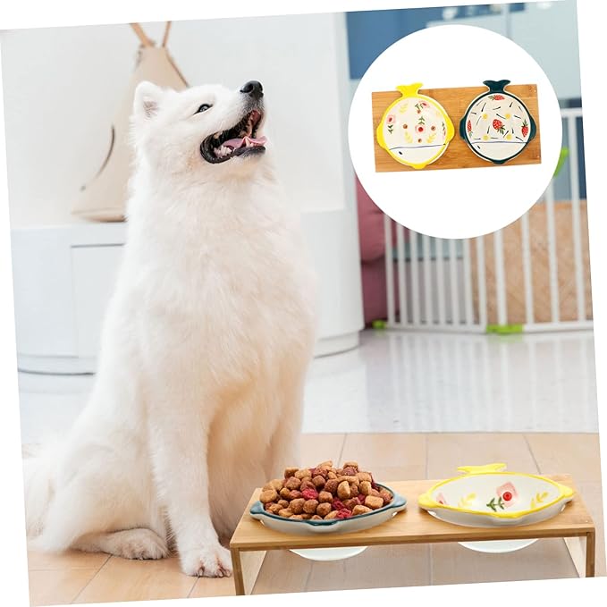 Creative Raised Cat Feeder with Bamboo Stand and Ceramic Double Bowls Reduces Neck Strain for Cats and Puppies Easy Eating and Comfortable Licking