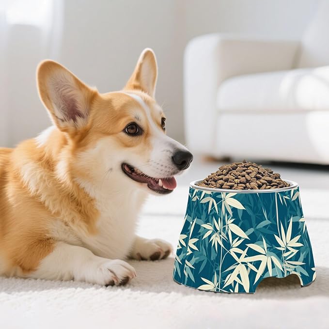 Teal bamboos White Dogs Feeding Bowls Non Skid Stainless Steel Raised Cat Bowls for Slow Feed Dogs Whisker Relief