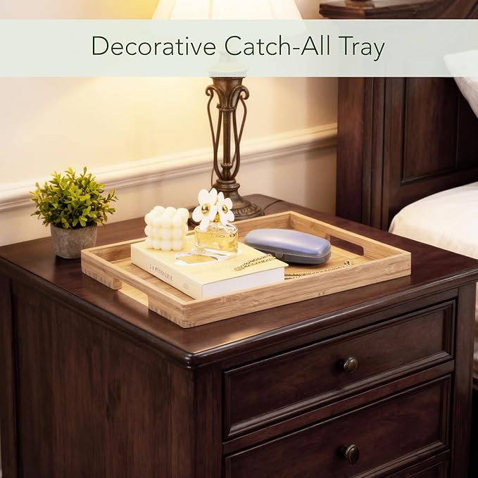 DETOR Serving Tray 17" x 13", Innovative Anti-Slip Coating, Light Walnut Bamboo Finish, Solid Bamboo Board, Decorative & Ottoman Tray for Food, Drinks, and Home Décor