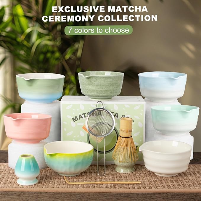 Dayacoco Matcha Whisk Set,Ceramic Matcha Kit Set Includes Bowl with Spout, Whisk,Holder,Bamboo Scoop and Sifter,5 pcs Matcha Tea Kit for Matcha Lovers, Ideal Gift Christmas, Birthday (Blue gradient)