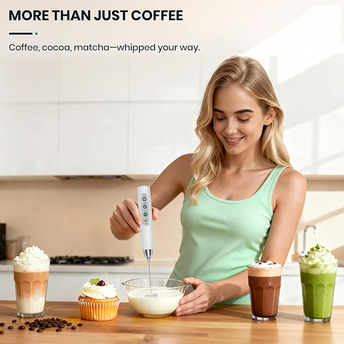 Milk Frother Handheld Rechargeable, Frother Wand Drink Mixer Electric Whisk for Coffee, Detachable With 3 Stainless Whisks, Hand Mixer for Lattes, Cappuccino, Matcha, Egg, No Stand, White