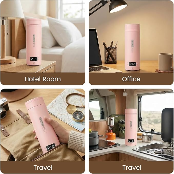 Pink Portable Electric Kettle forTravel, Small Hot Water Kettle with NTC Temperature Control and Auto Shut-Off, 316 Stainless Steel, Green 110V & 15oz