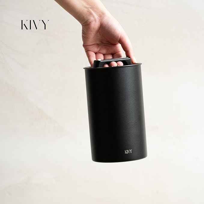 KIVY Vacuum Coffee Canister - Push Lid Preserves Aroma & Oil - Stainless Steel Airtight Container for Ground & Bean Storage - Removes Excess Air