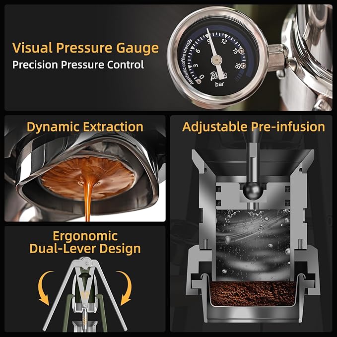Bincoo Manual Espresso Maker Set - Hand Press Espresso Machine – 12Bar Pressure Profiling, Dual-Lever Manual Coffee Maker with Pre-Infusion, Portable for Custom Espresso Shots, Stainless Steel