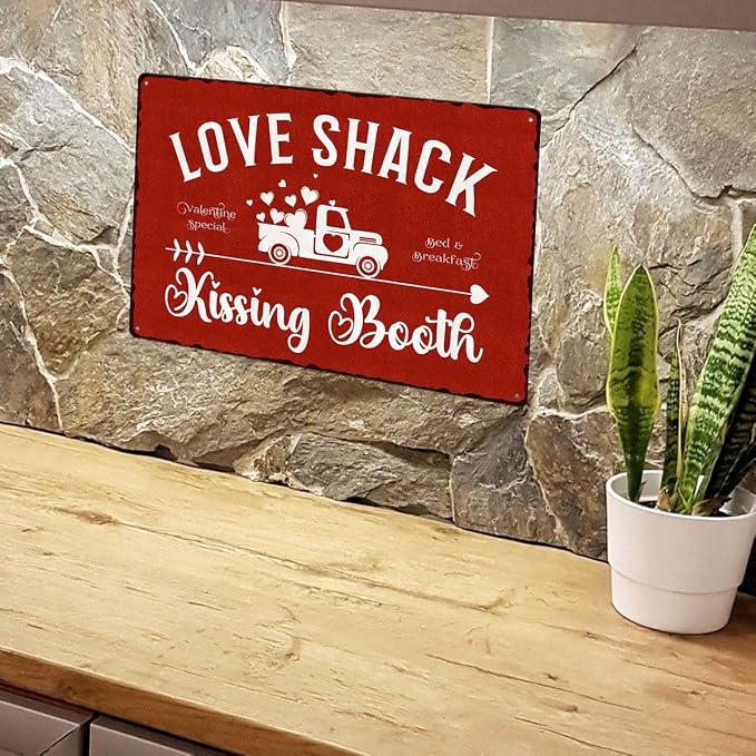 Kissing Booth Tin Sign Love Shack Metal Signs Valentine's Day Wall Art Decoration Home Farmhouse Bar Kitchen Cafe Living Room Coffee Corner White Day Decor Romantic Gift 12" x 8" - Image 6