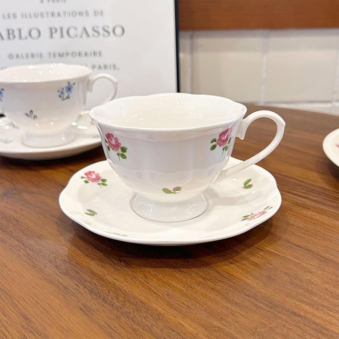 Tea Cup and Saucer Set with Blue Flowers,6.76 oz Ceramic Coffee Cup,Latte Mug for Mother's Day Gifts (pink)