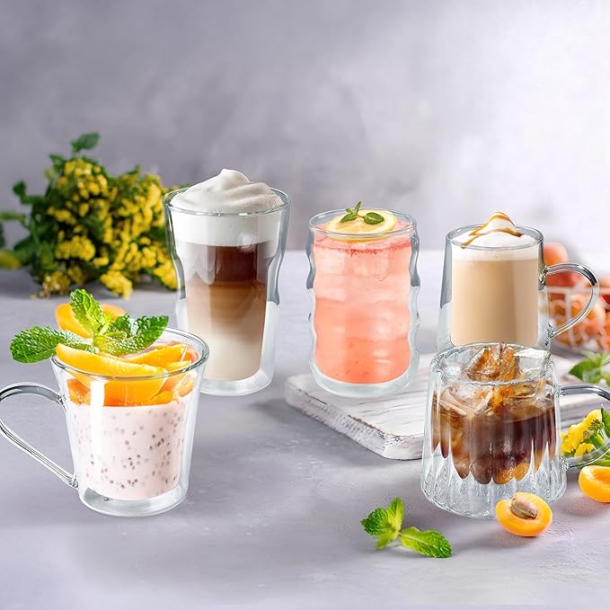 Joeyan Double Wall Insulated Glass Tumbler, 16.9oz Tall Dinking Glasses Set of 2, Lager Highball Glass Cups for Beer, Lemonade, Iced Tea, Tropical Drink, Cocktail, Smoothie, Mojito and Mixed Drinks