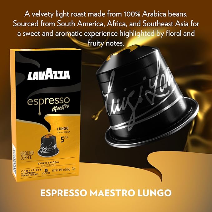 Lavazza Avvolgente Lungo Dark Roast Capsules Compatible with Nespresso Original Machines (Pack of 60) ,Value Pack, Blended and roasted in Italy, Full bodied with velvety, rounded flavor