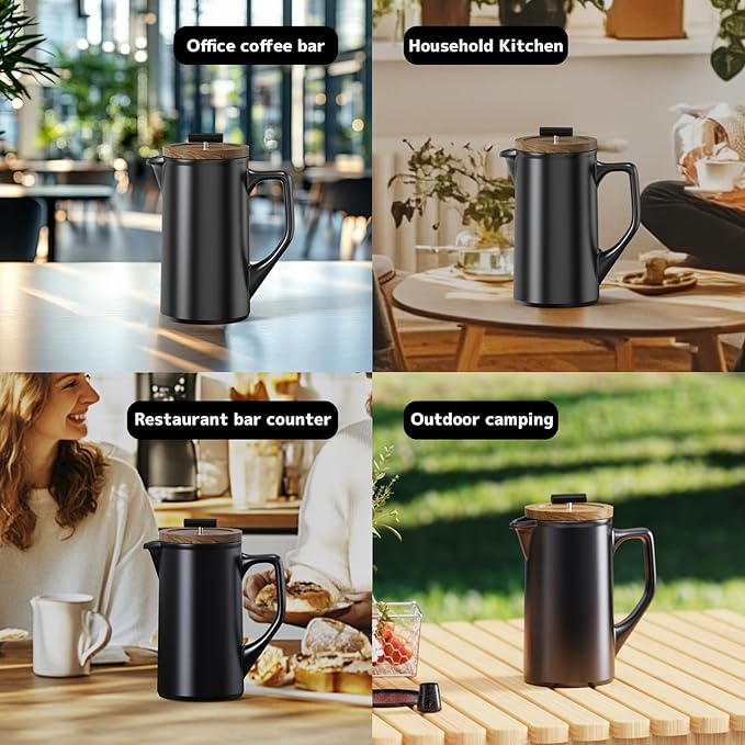 DHPO Ceramic French Press Coffee Maker, 22oz Single Serve Coffee Press with Walnut Wood Lid, Lead-Free, Food Grade Stainless Steel Filter with Dual Screen for Coffee and Loose Tea, Black