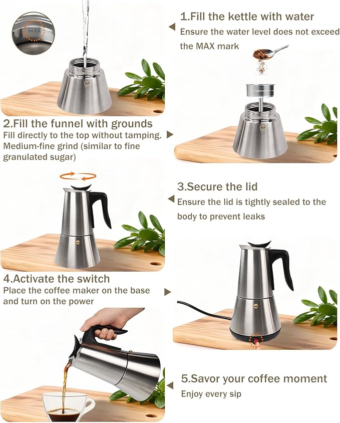 Electric Moka Pot with Detachable Base Stainless Steel Espresso Maker 10oz 6 Cup 300ml Silver Italian Coffee Maker for Kitchen Home 110V