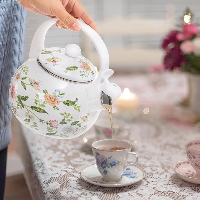 Jucoan 2.3 Quart Vintage Enamel Tea Kettle, Whistling Tea Kettle for Stove Top, Floral Enamel on Steel Teakettle Teapot for Home Kitchen Camping, Gift for Wedding Housewarming Thanksgiving Christmas