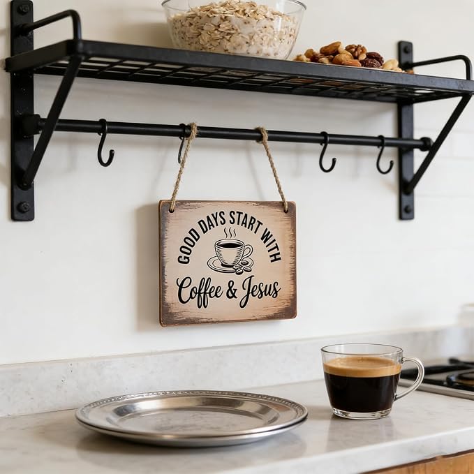 Coffee Signs, Good Days Start with Coffee and Jesus Sign, Wood Farmhouse Wall Sign Bar Decor for Kitchen, Home, Office, Cafe Station Housewarming Gift - Image 8