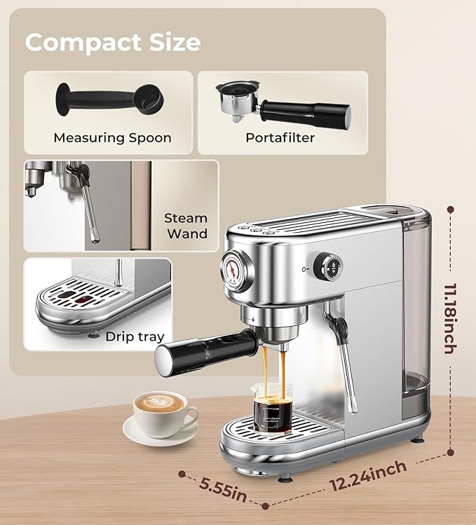 Espresso Machine with Milk Frother, 20 Bar Pressure Espresso Maker, with 44OZ Removable Tank, Compact Stainless Steel Coffee Machine for Home, Office, Latte, Cappuccino, Macchiato, Silver