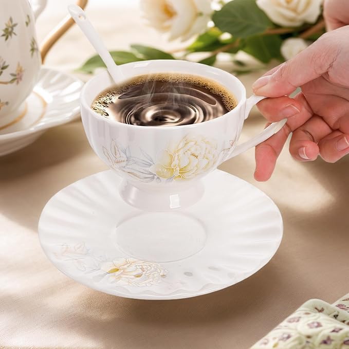 Tea Cups and Saucers Set of 6, 7 Oz Floral Tea Cups, White Porcelain Tea Cup with Saucer, British Coffee Cups Sets for Women Teas Party, Cappuccino, Latte, Microwave Safe