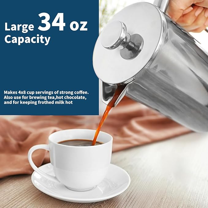 MERMOO YILAN French Press 34oz Insulated Stainless Steel Coffee Maker Unbreakable Coffee Press Easy to Clean for Home, Camping, Travel (Silver)