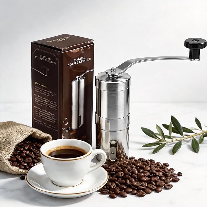 Manual Stainless Steel Coffee Grinder, Portable Conical Burr Hand Crank Grinder for Espresso, Pour Over, French Press & Camping, Quiet Adjustable Grind, Detachable Handle, Travel-Friendly
