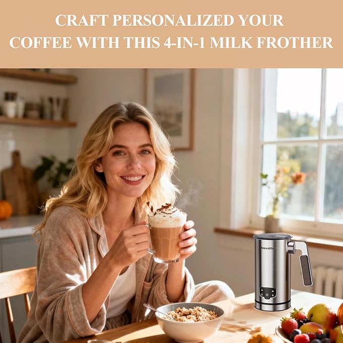Milk Frother, 4 in 1 Milk Frother and Steamer with Two Whisks, Frothing Whisk and Heating Whisk, Automatic Warm and Cold Foam Maker for Coffee Latte Cappuccino Macchiato Hot Chocolate Matcha