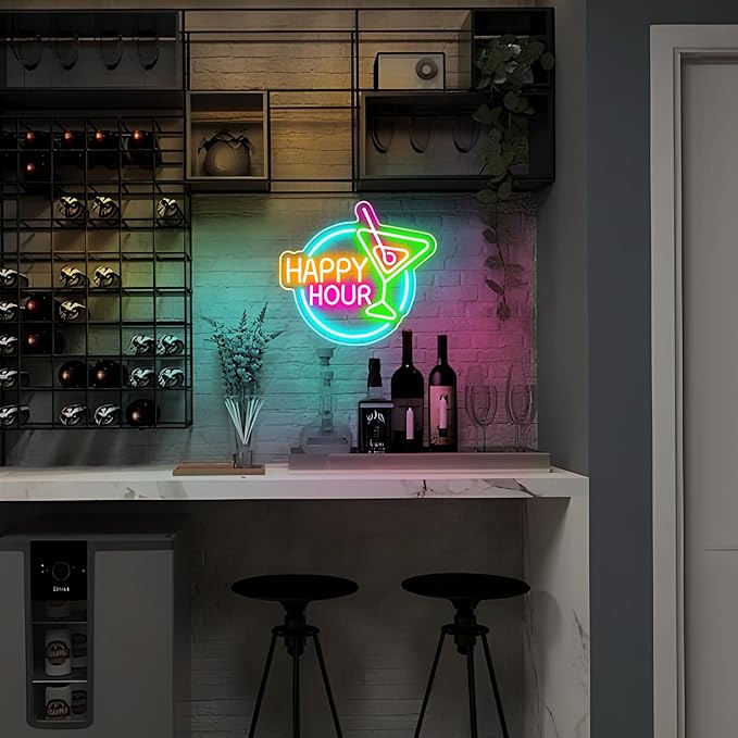 Basaneon Happy Hour Neon Sign Dimmable Led Happy Hour Neon Bar Signs for Home Bar, USB Powered Bright Cocktails Happy Hour Neon Signs for Wall Decor Bar Pub Man Cave Party Art Decor(14.1*12.5inches)