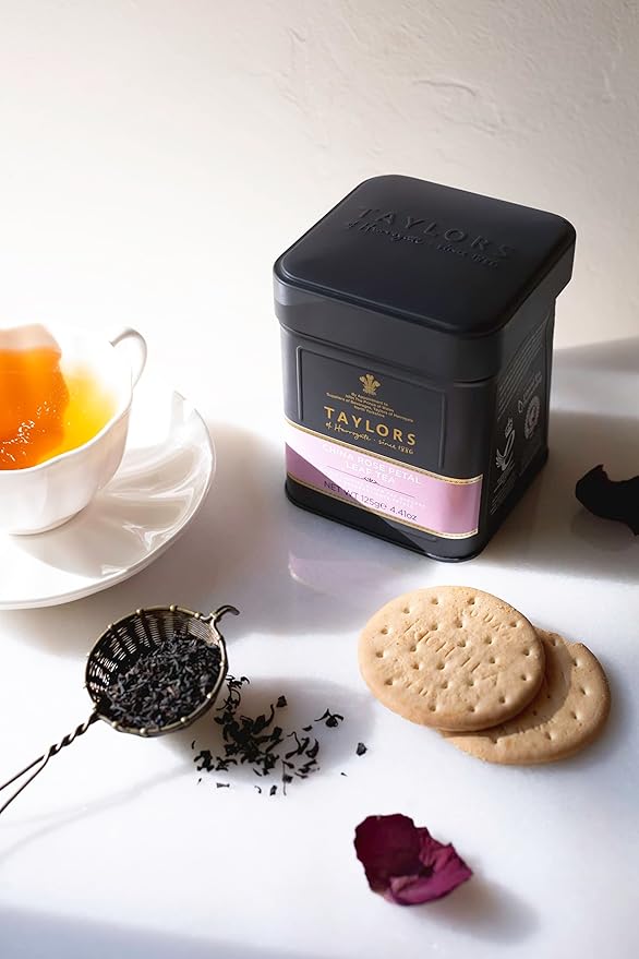 Taylors of Harrogate China Rose Petal, Black Tea, Loose Leaf, 4.41 Ounce Tin Caddy, Fragrant, Delicate, and Floral, Caffeinated, Premium Whole Leaf Tea