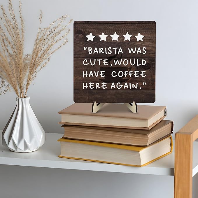 Coffee Bar Sign Plaque Decor,Coffee Bar Accessories,Rustic Wooden Tabletop Plaque with Stand, Minimalist Farmhouse Kitchen Counter Sign,Cute Mini Café Bar Decor Gift 5.9x5.9Inch