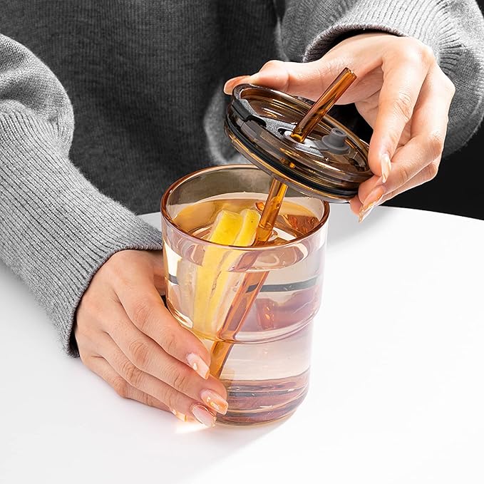 13 oz Tumbler Water Glass, Water Bottle with Straw and Dustproof Lid, Coffee Ice Cup Double Wall Insulated Glass Cup (Amber-2Pack)