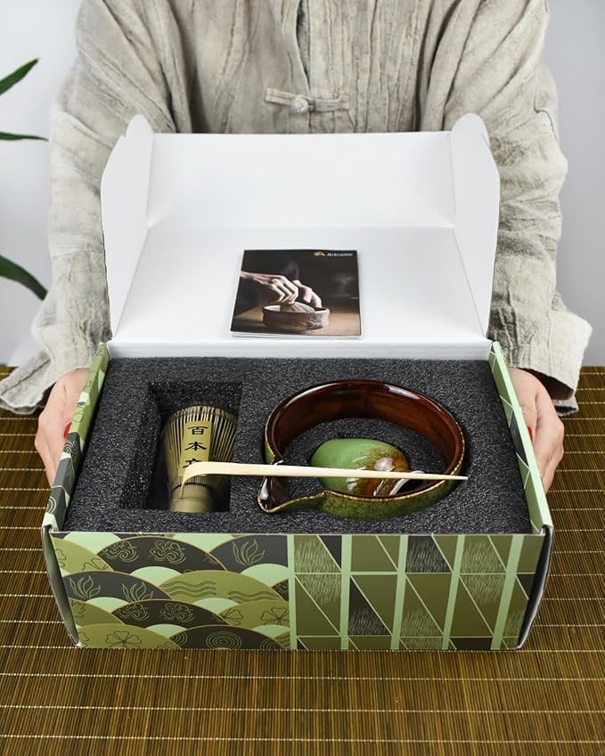 Artcome Premium Matcha Tea Set - 20.2oz Ceramic Bowl, Bamboo Whisk, Scoop, Whisk Holder & Brewing Guide - Complete Set for Authentic Japanese Matcha Ceremony