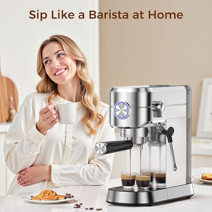 Kndko Espresso Machine, 20 Bar Espresso Maker with Milk Frother, Compact Stainless Steel Coffee Machine with 34oz Removable Water Tank for Cappuccino, Latte