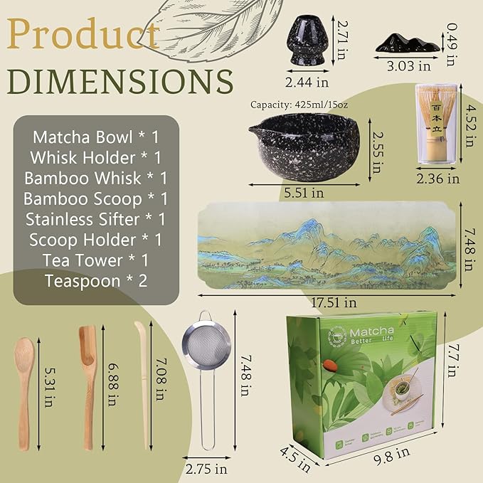 8 Pcs Matcha Whisk Set Chasen Matcha Whisk Bamboo Bowl with Spout Sifter Spoon Scoop Whisk Holder Bamboo Mat Complete Matcha Making Kit (9pcs-black)