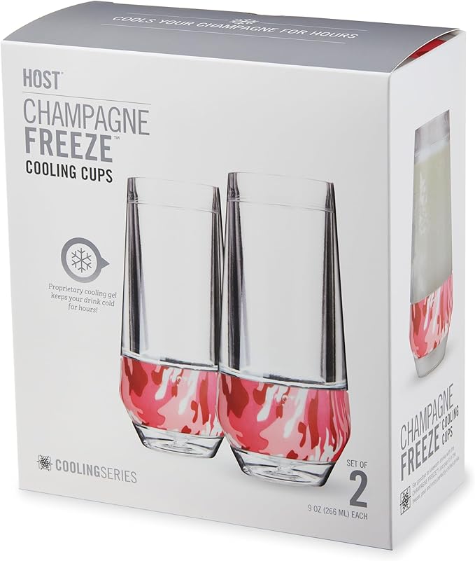 HOST Champagne Freeze Double-Walled Stemless Wine Glasses Freezer Cooling Cups with Active Cooling Gel and Insulated Silicone Grip, 9 Oz Plastic Tumblers, Pink Camo, Set of 2