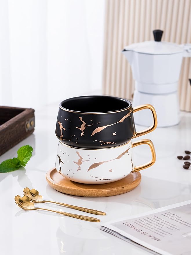 Jusalpha 2 Pack Golden Hand Print Black and White Teacup Coffee Cup with Bamboo Saucer and Spoon Set FDTCS19 (2, Black/White)