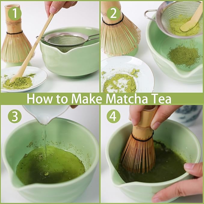 Matcha Whisk Set, Matcha Bamboo Whisk and Holder, Bamboo Scoop and Stainless Sifter, 5 Pcs Matcha Making Kit for Lover (Green)