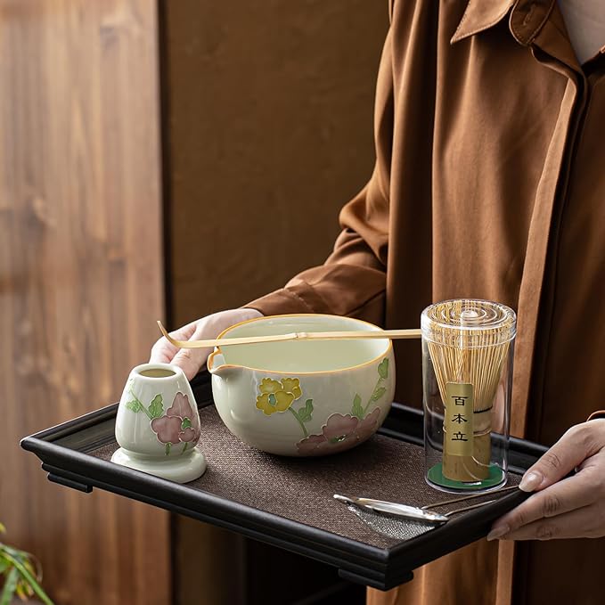 Matcha Set, Matcha Whisk Set Includes Hand-Drawn Matcha Bowl with Spout, Bamboo Whisk, Matcha Whisk Holder, Bamboo Scoop, Sifter - 5pcs Perfect Matcha Kit for Matcha Tea Ceremony
