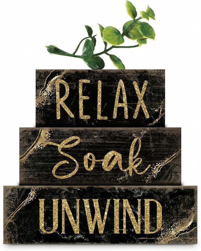 Moucuny 4 Pcs Bathroom Shelf Decor Sign Farmhouse Bathroom Decor and Accessories Rustic Eucalyptus Leaves Wood Block Sign Gift Relax Soak Unwind Farmhouse Table Centerpiece for Home Toilet