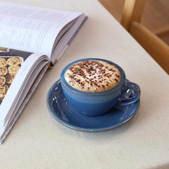 LE TAUCI Cappuccino Cups with Saucers 6 oz, Set of 4 Ceramic Coffee Cup and Saucer Set for Latte, Au Lait, Flat White, Mocha, Tea, Embossed Coffee Cups, Ceylon Blue