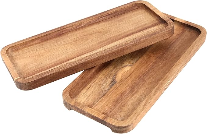 FUNSUEI 11.8 x 5.1 Inches Set of 6 Wooden Serving Platters, Acacia Wooden Serving Trays with Grooved Design, Rectangular Wood Platters for Fruit, Cookie, Bread, Vegetable, Salad