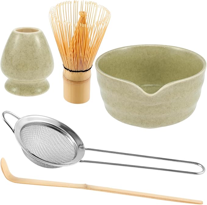 Matcha Whisk Set, 5 Pcs Matcha Set Whisk and Bowl with Spout, Matcha Whisk Holder, Matcha Spoon, Stainless Sifter, Perfect Matcha Kit for Matcha Lover (Matcha Green)