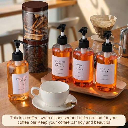 9 Pcs Coffee Syrup Dispenser Set 10.1 Oz/300 ml Plastic Coffee Syrup Dispenser Pump Bottle Pet Jar with Lids Gold Spoon and Labels for Home Bar Organization - Image 6