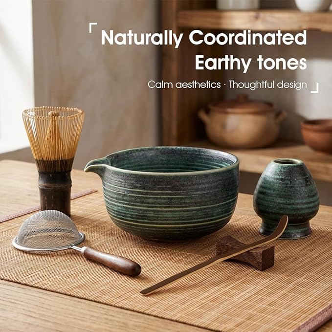 Matcha Whisk Set, 7-Piece Matcha Kit with Ceramic Bowl, Bamboo Whisk, Scoop, Sifter, Holder & Bamboo Mat – Premium Matcha Tea Set for Beginners & Matcha Lovers, Gift Ready