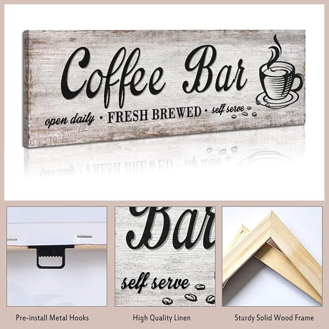 Rustic Wood Grain Coffee Station Decor - Retro Coffee Bar Signs for Kitchen - Self Serve Fresh Brewed Open Daily